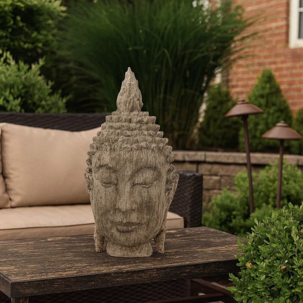 12 Inch Buddha Head Sculpture, Calming Accent Decoration, Polyresin, Brown - BM285008