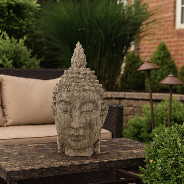12 Inch Buddha Head Sculpture, Calming Accent Decoration, Polyresin, Brown - BM285008