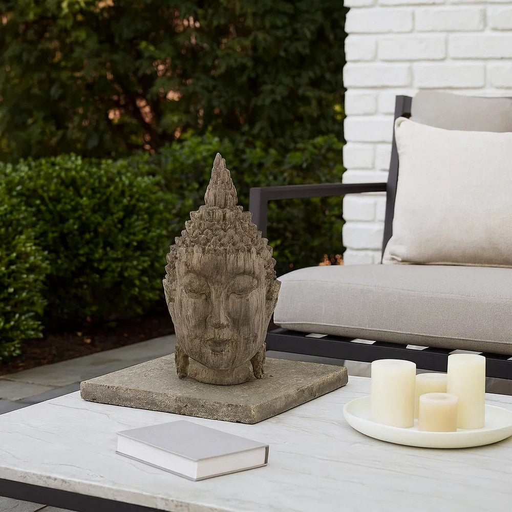 12 Inch Buddha Head Sculpture, Calming Accent Decoration, Polyresin, Brown - BM285008