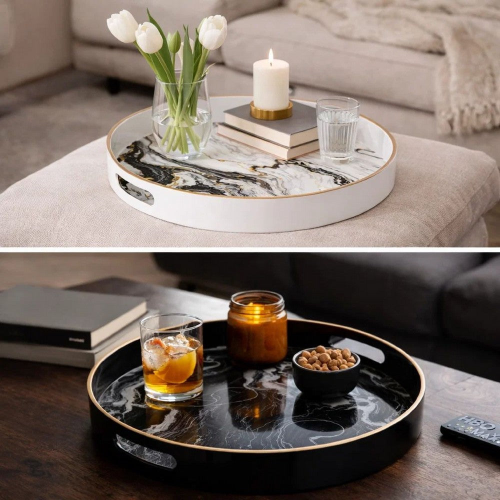 Set of 2 Round Accent Trays, Tabletop Decor, Marbling, Black, White, Gold - BM285013