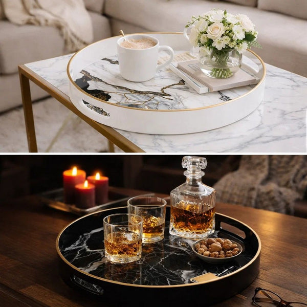 Set of 2 Round Accent Trays, Tabletop Decor, Marbling, Black, White, Gold - BM285013