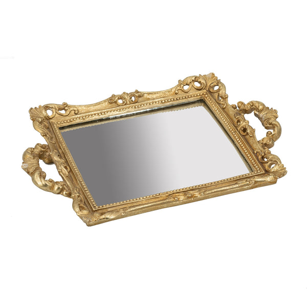 16 Inch Serving Tray, Decorative, Mirrored Bottom, Carved Gold Frame - BM285017