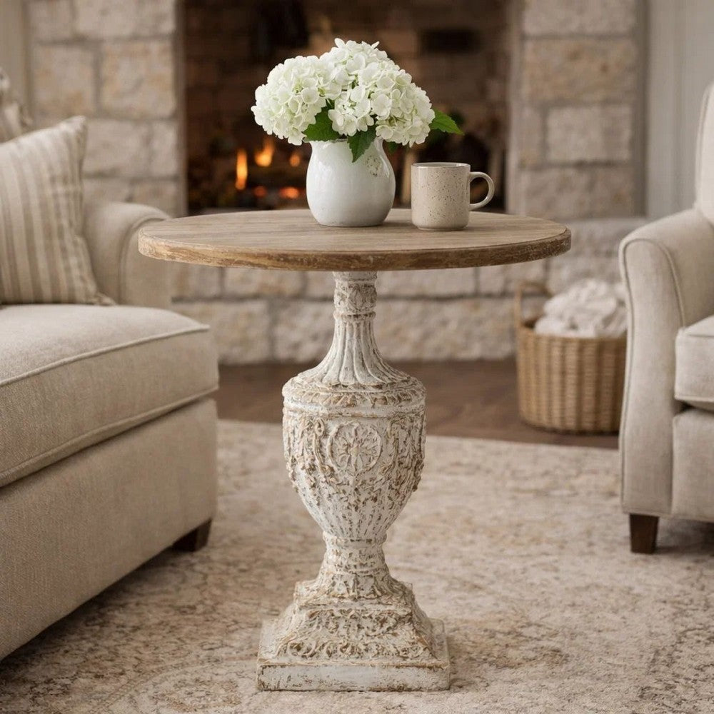 31 Inch Round Accent Side Table, Fir Wood, Engraved, Brown, Antique White - BM285037