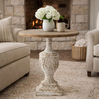 31 Inch Round Accent Side Table, Fir Wood, Engraved, Brown, Antique White - BM285037