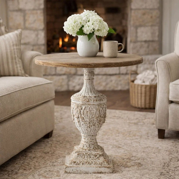 31 Inch Round Accent Side Table, Fir Wood, Engraved, Brown, Antique White - BM285037