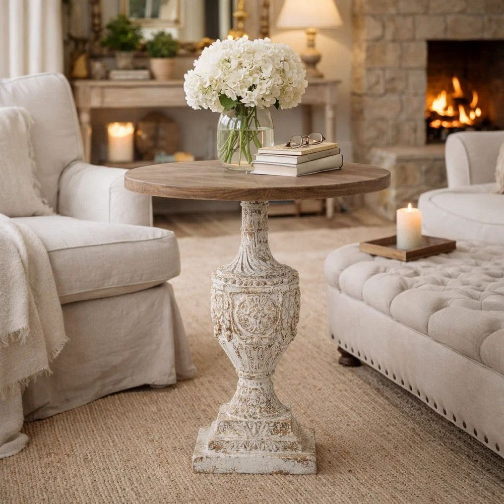 31 Inch Round Accent Side Table, Fir Wood, Engraved, Brown, Antique White - BM285037