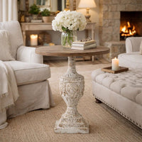 31 Inch Round Accent Side Table, Fir Wood, Engraved, Brown, Antique White - BM285037