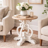 36 Inch Round Table, Classic, Sculptural Base, Wood, Modern, White, Brown - BM285094