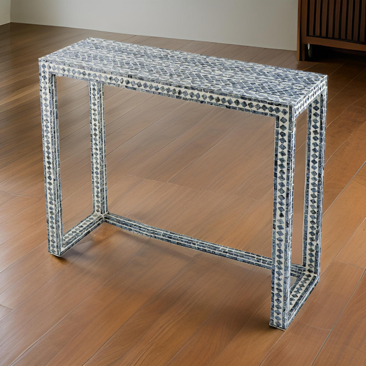 36 Inch Accent Console Table, Capiz Shell Inlay, Rectangular, Gray - BM285102