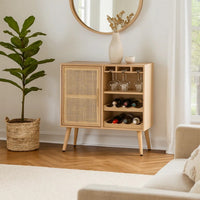 Dana 31 Inch Wood Wine Cabinet, 2 Shelves, Glass Hanger, Rattan Door, Brown - BM285104