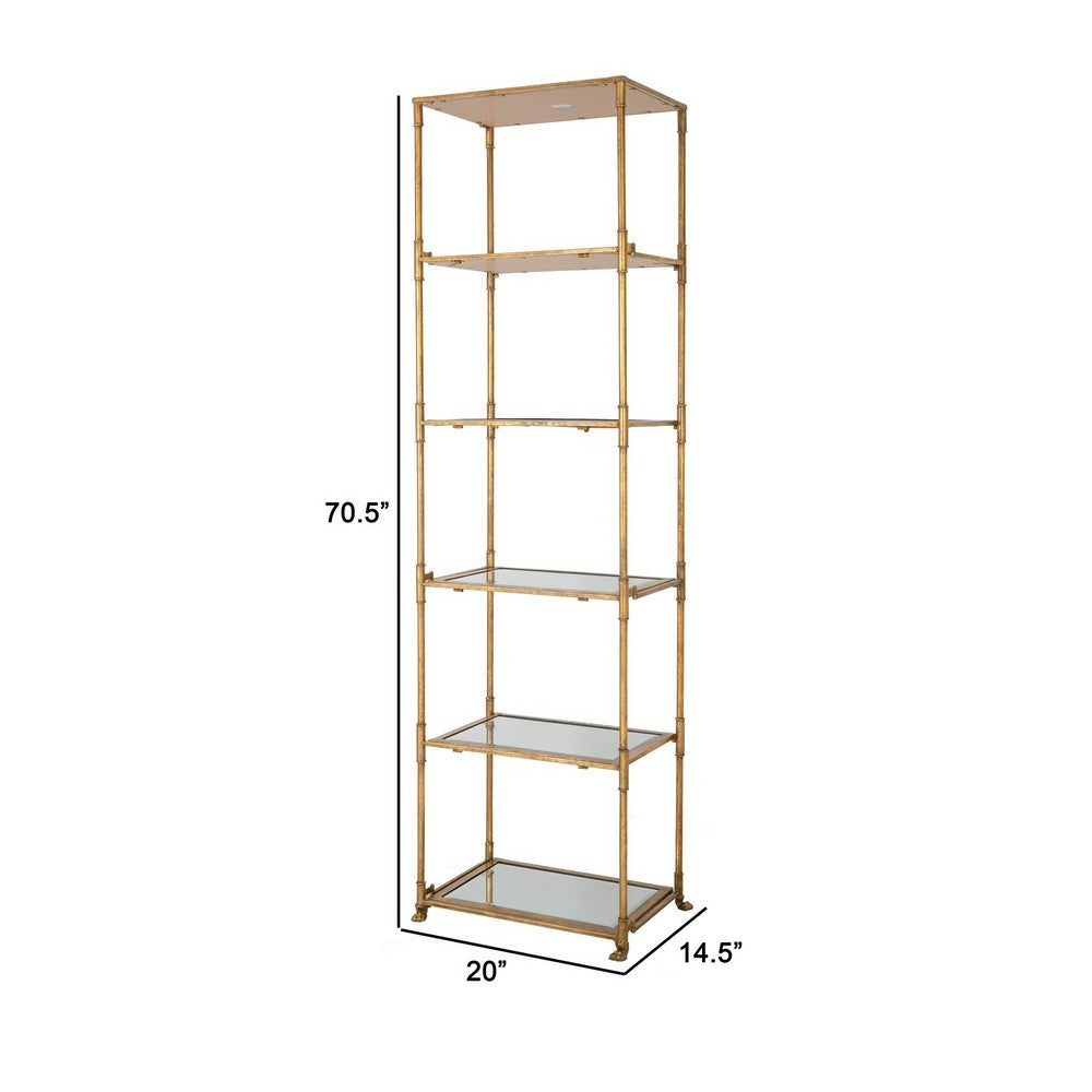 71 Inch Shelf, 6 Tier Design, 5 Glass Shelves, Iron Frame, Gold Finish - BM285111