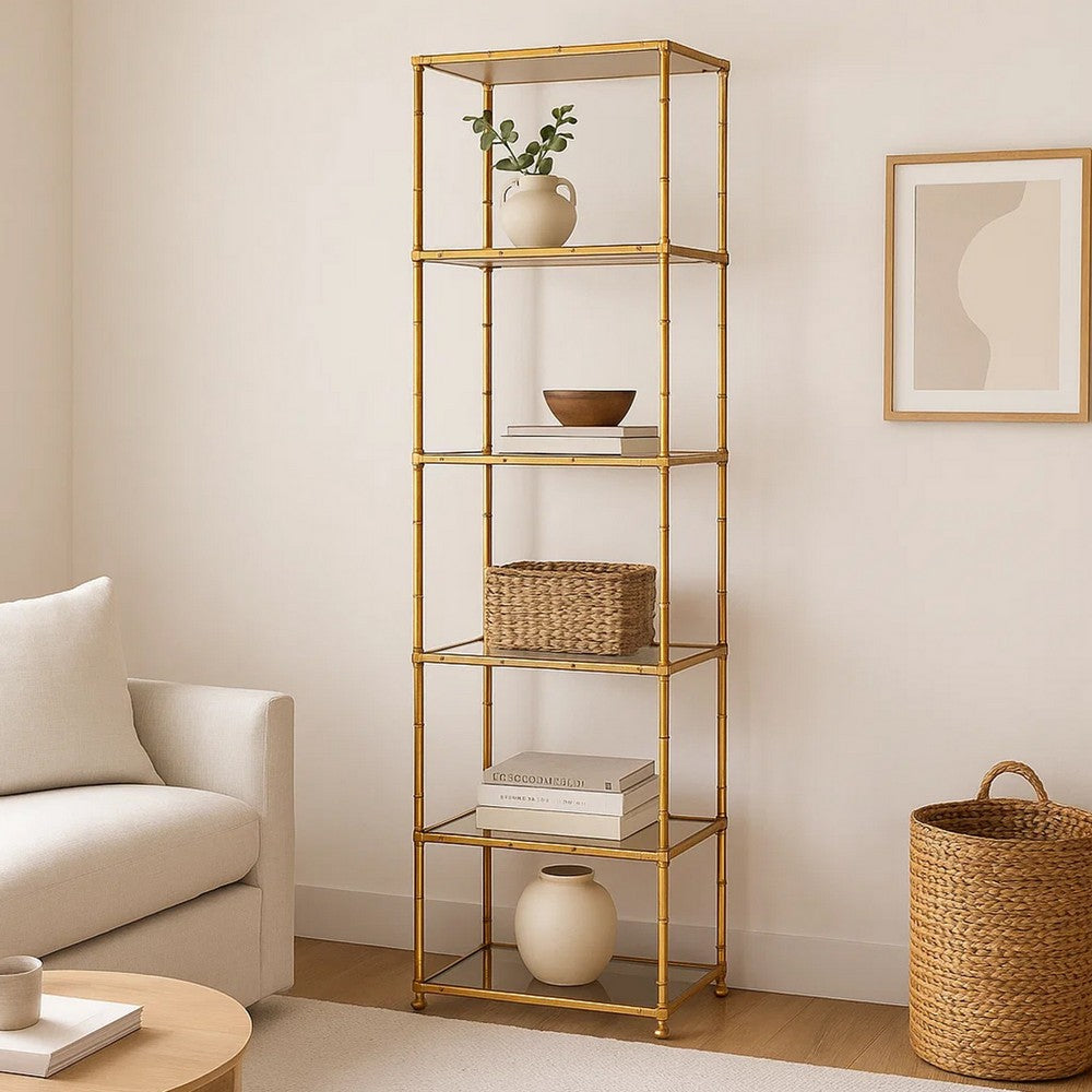 71 Inch Shelf, 6 Tier Design, 5 Glass Shelves, Iron Frame, Gold Finish - BM285111