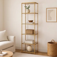 71 Inch Shelf, 6 Tier Design, 5 Glass Shelves, Iron Frame, Gold Finish - BM285111