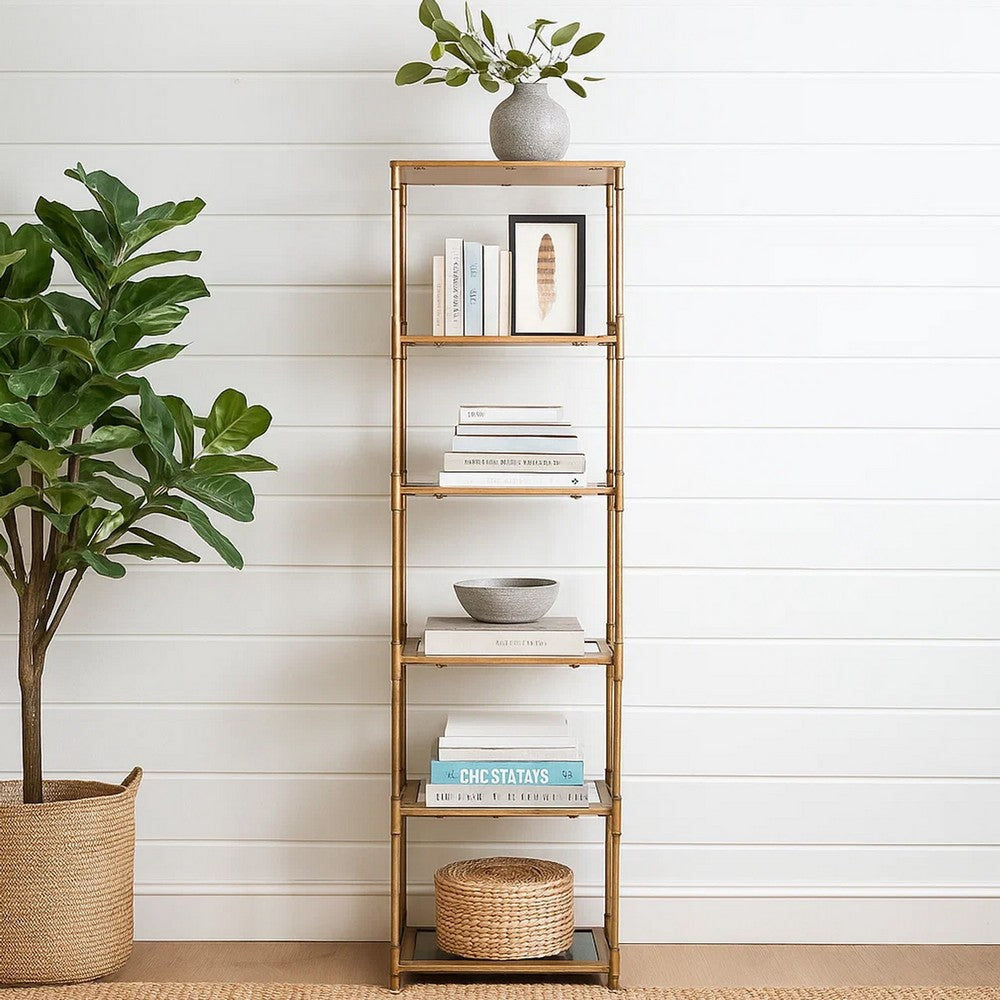 71 Inch Shelf, 6 Tier Design, 5 Mirrored Glass Shelves, Iron Frame, Gold Finish - BM285111