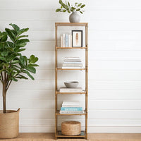 71 Inch Shelf, 6 Tier Design, 5 Mirrored Glass Shelves, Iron Frame, Gold Finish - BM285111