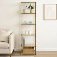 71 Inch Shelf, 6 Tier Design, 5 Glass Shelves, Iron Frame, Gold Finish - BM285111