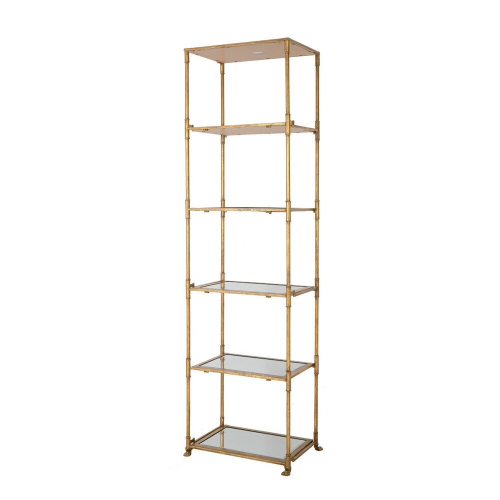 71 Inch Shelf, 6 Tier Design, 5 Mirrored Glass Shelves, Iron Frame, Gold Finish - BM285111