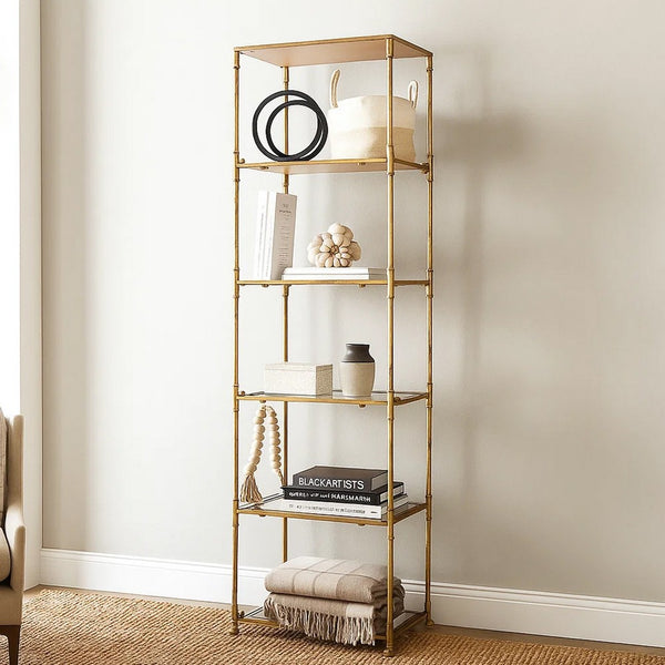 71 Inch Shelf, 6 Tier Design, 5 Mirrored Glass Shelves, Iron Frame, Gold Finish - BM285111