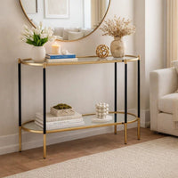 30 Inch Console Sideboard Table, Oblong, Mirrored Top, Black, Gold - BM285113