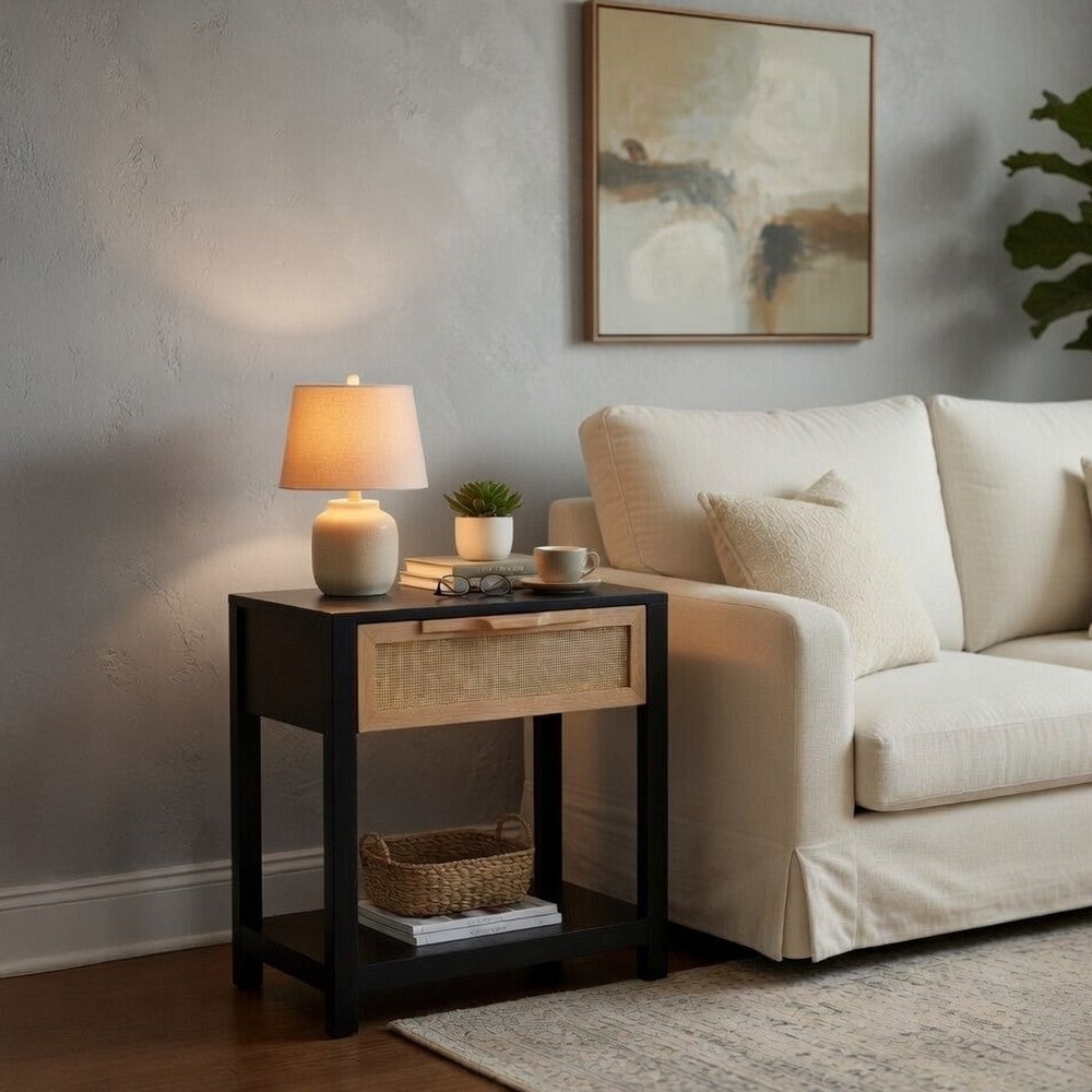Rosette 22 Inch Side End Table, Natural Brown Rattan Front Drawer, Open Shelf, Black Mango Wood Frame - BM285122