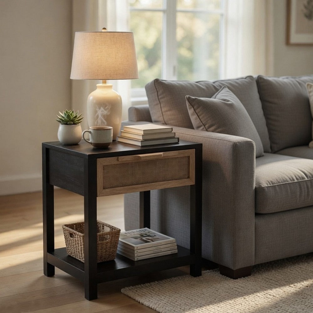 Rosette 22 Inch Side End Table, Natural Brown Rattan Front Drawer, Open Shelf, Black Mango Wood Frame - BM285122
