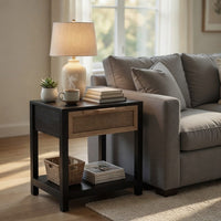 Rosette 22 Inch Side End Table, Natural Brown Rattan Front Drawer, Open Shelf, Black Mango Wood Frame - BM285122