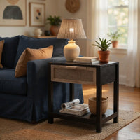 Rosette 22 Inch Side End Table, Natural Brown Rattan Front Drawer, Open Shelf, Black Mango Wood Frame - BM285122