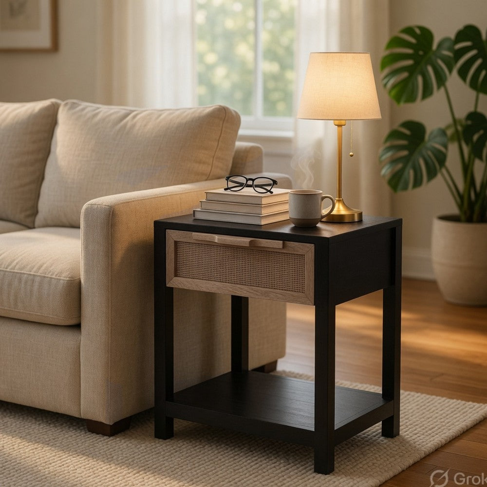 Rosette 22 Inch Side End Table, Natural Brown Rattan Front Drawer, Open Shelf, Black Mango Wood Frame - BM285122