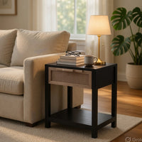 Rosette 22 Inch Side End Table, Natural Brown Rattan Front Drawer, Open Shelf, Black Mango Wood Frame - BM285122