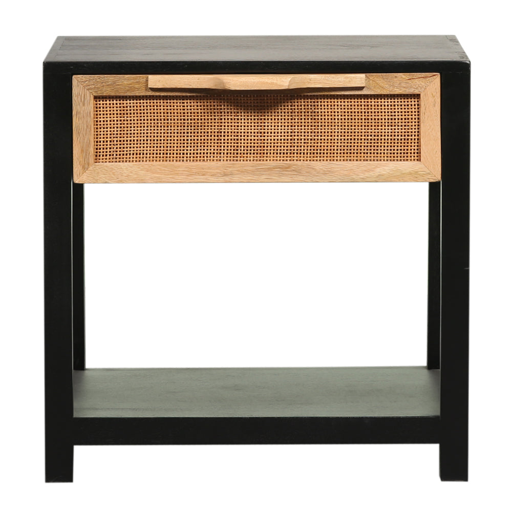 Rosette 22 Inch Side End Table, Natural Brown Rattan Front Drawer, Open Shelf, Black Mango Wood Frame - BM285122