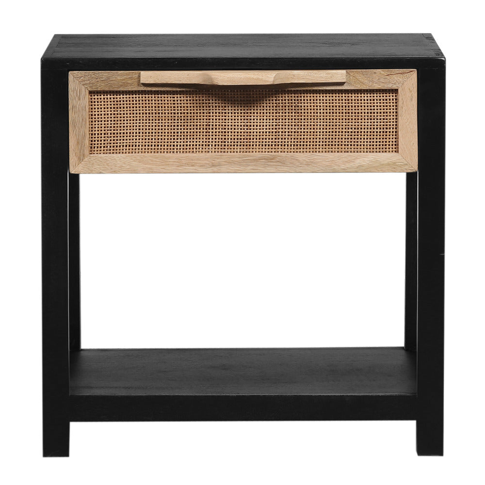 Rosette 22 Inch Side End Table, Natural Brown Rattan Front Drawer, Open Shelf, Black Mango Wood Frame - BM285122