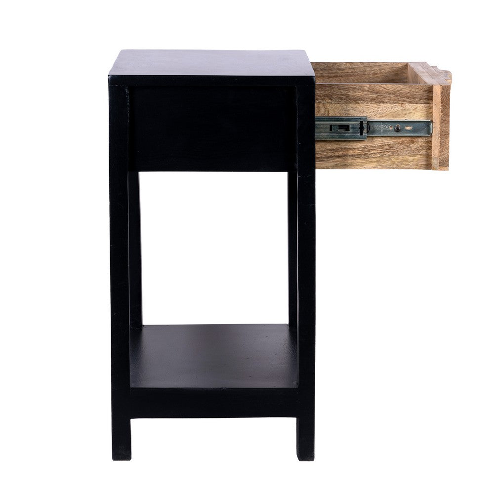 Rosette 22 Inch Side End Table, Natural Brown Rattan Front Drawer, Open Shelf, Black Mango Wood Frame - BM285122