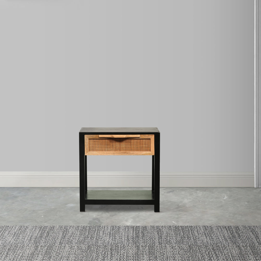 Rosette 22 Inch Side End Table, Natural Brown Rattan Front Drawer, Open Shelf, Black Mango Wood Frame - BM285122