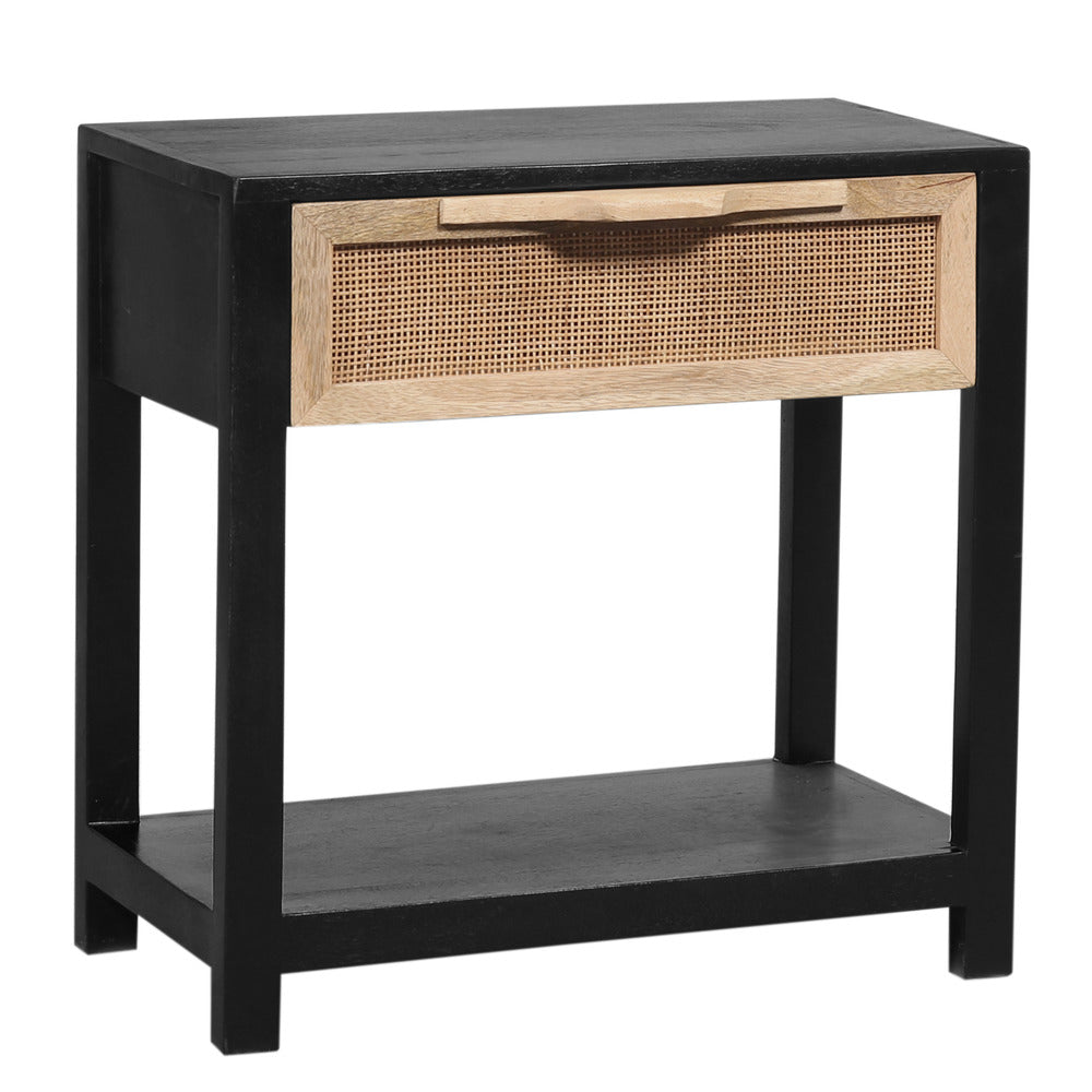 Rosette 22 Inch Side End Table, Natural Brown Rattan Front Drawer, Open Shelf, Black Mango Wood Frame - BM285122