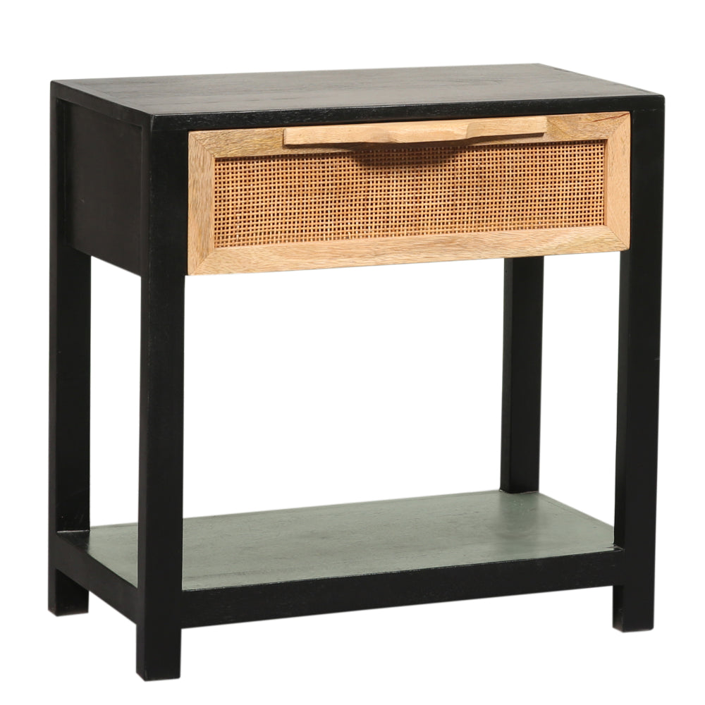 Rosette 22 Inch Side End Table, Natural Brown Rattan Front Drawer, Open Shelf, Black Mango Wood Frame - BM285122