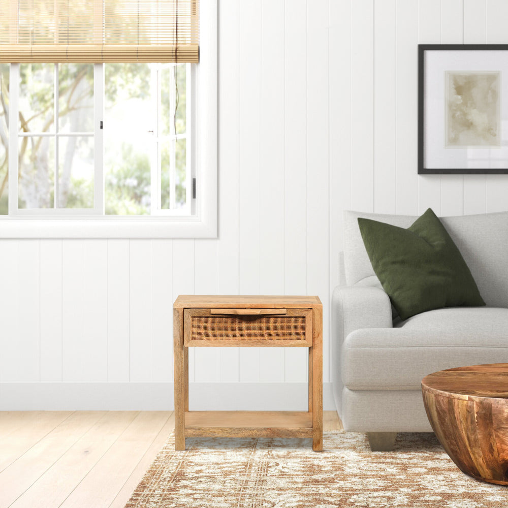 Rosette 22 Inch Accent Side Table, Rattan Front Drawer, Open Shelf, Natural Brown Mango Wood Frame - BM285123