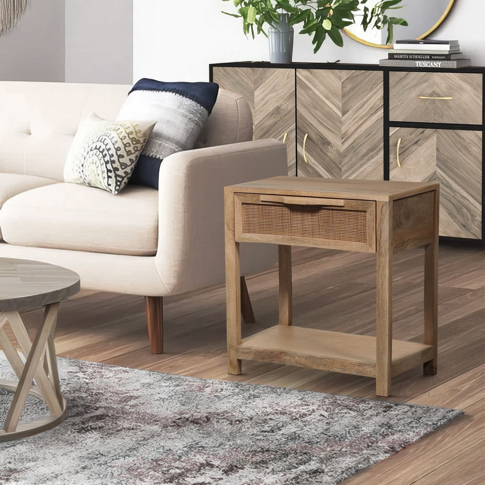 Rosette 22 Inch Accent Side Table, Rattan Front Drawer, Open Shelf, Natural Brown Mango Wood Frame - BM285123