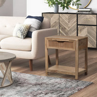 Rosette 22 Inch Accent Side Table, Rattan Front Drawer, Open Shelf, Natural Brown Mango Wood Frame - BM285123