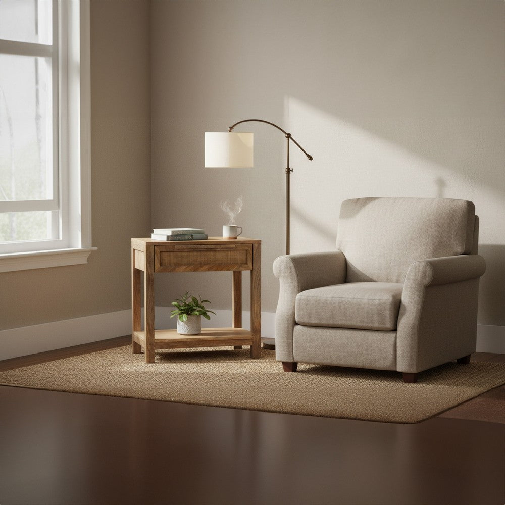 Rosette 22 Inch Accent Side Table, Rattan Front Drawer, Open Shelf, Natural Brown Mango Wood Frame - BM285123