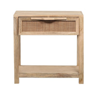 Rosette 22 Inch Accent Side Table, Rattan Front Drawer, Open Shelf, Natural Brown Mango Wood Frame - BM285123