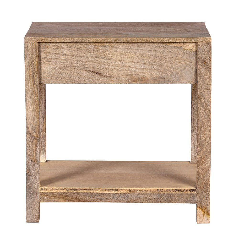 Rosette 22 Inch Accent Side Table, Rattan Front Drawer, Open Shelf, Natural Brown Mango Wood Frame - BM285123