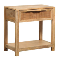 Rosette 22 Inch Accent Side Table, Rattan Front Drawer, Open Shelf, Natural Brown Mango Wood Frame - BM285123