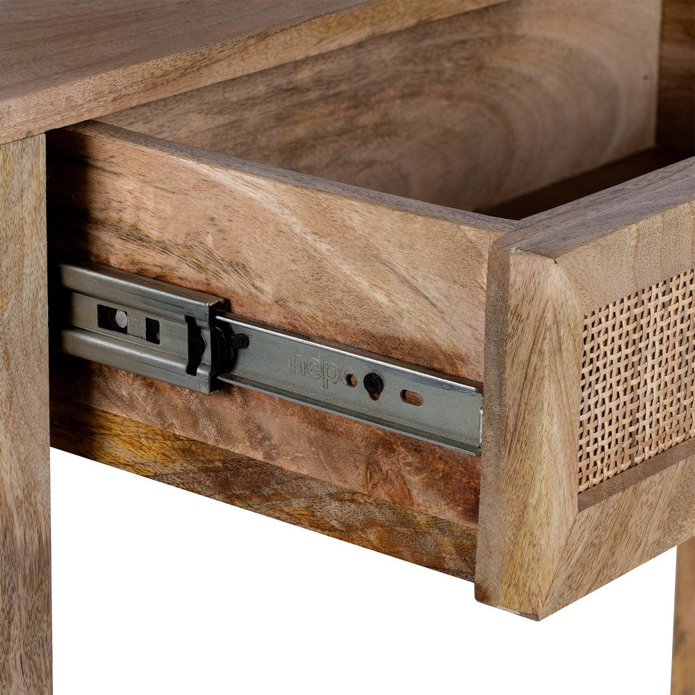 Rosette 22 Inch Accent Side Table, Rattan Front Drawer, Open Shelf, Natural Brown Mango Wood Frame - BM285123