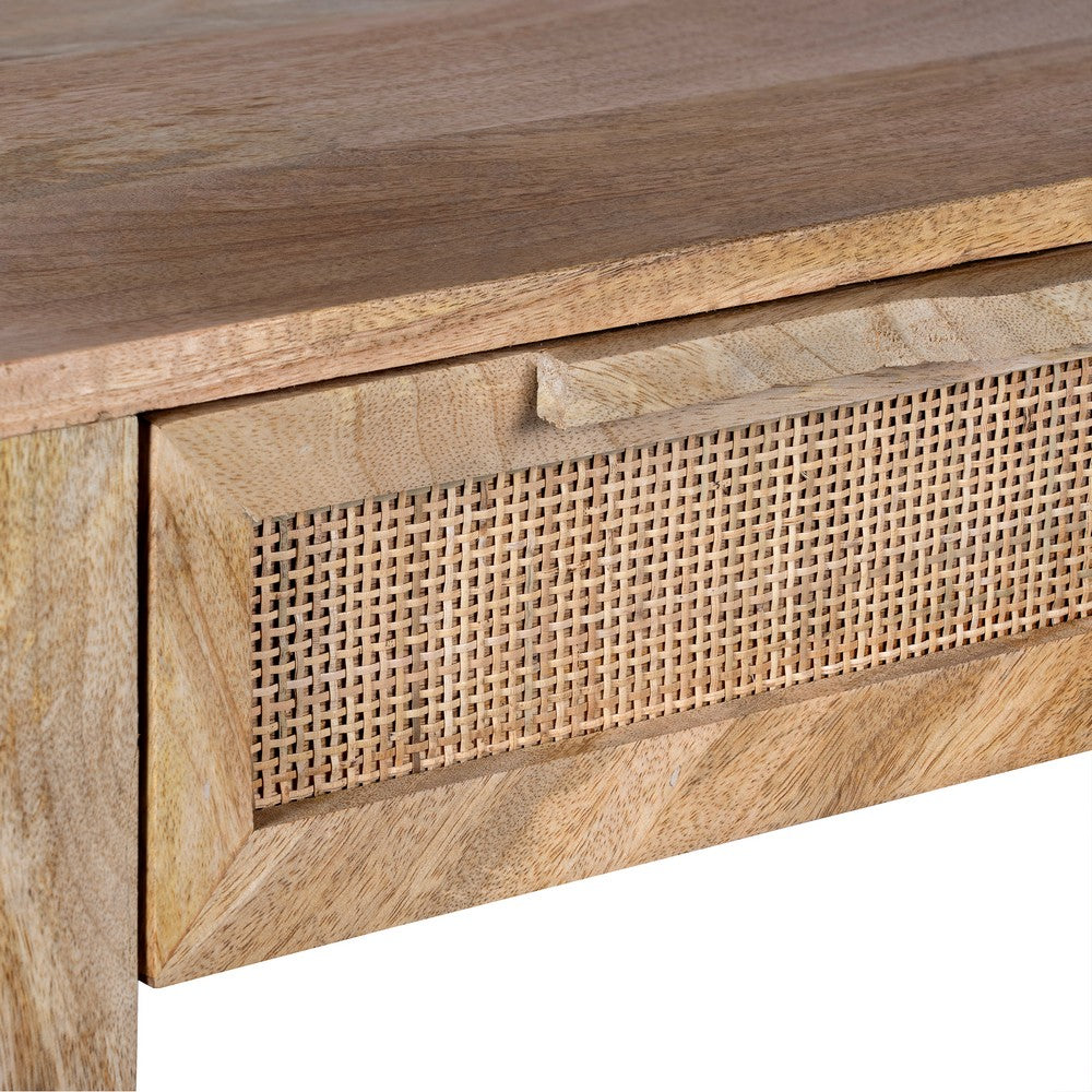 Rosette 22 Inch Accent Side Table, Rattan Front Drawer, Open Shelf, Natural Brown Mango Wood Frame - BM285123