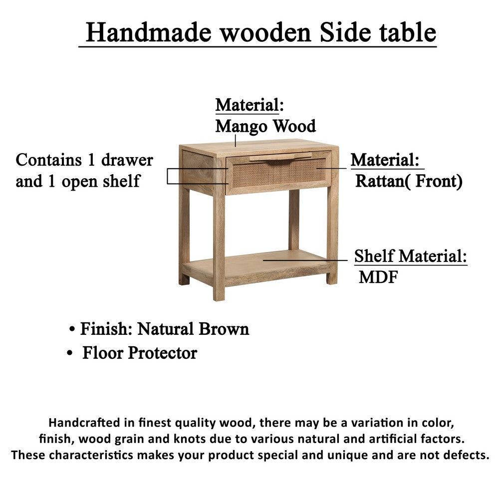 Rosette 22 Inch Accent Side Table, Rattan Front Drawer, Open Shelf, Natural Brown Mango Wood Frame - BM285123