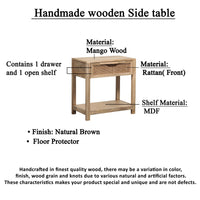 Rosette 22 Inch Accent Side Table, Rattan Front Drawer, Open Shelf, Natural Brown Mango Wood Frame - BM285123