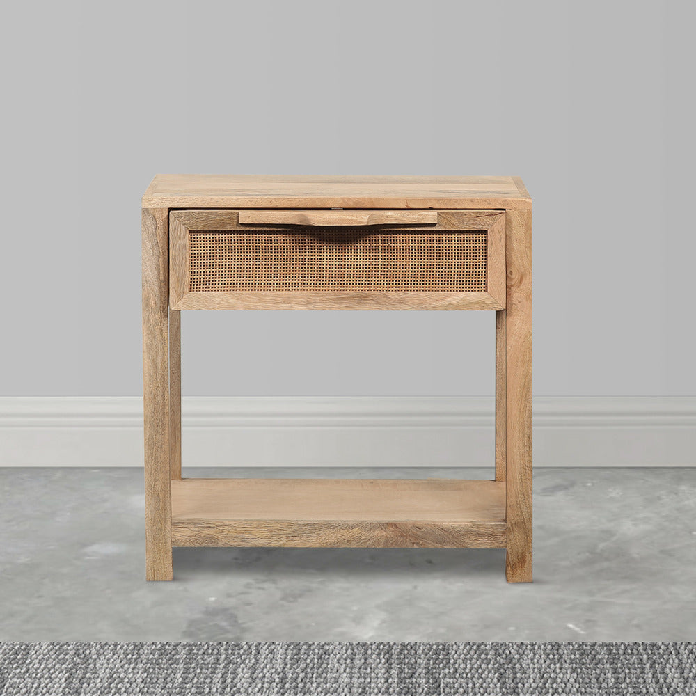 Rosette 22 Inch Accent Side Table, Rattan Front Drawer, Open Shelf, Natural Brown Mango Wood Frame - BM285123