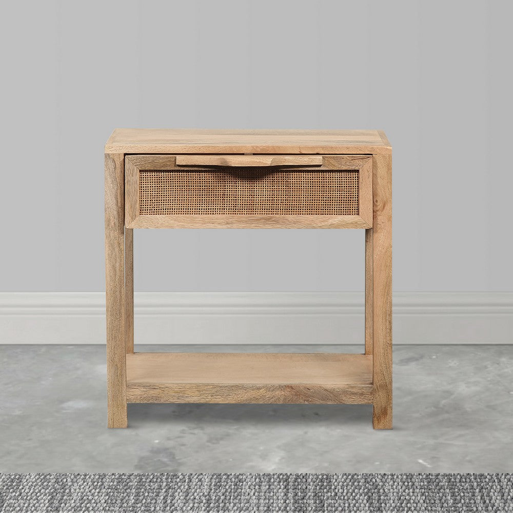 Rosette 22 Inch Accent Side Table, Rattan Front Drawer, Open Shelf, Natural Brown Mango Wood Frame - BM285123