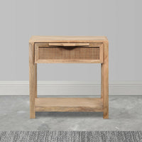 Rosette 22 Inch Accent Side Table, Rattan Front Drawer, Open Shelf, Natural Brown Mango Wood Frame - BM285123