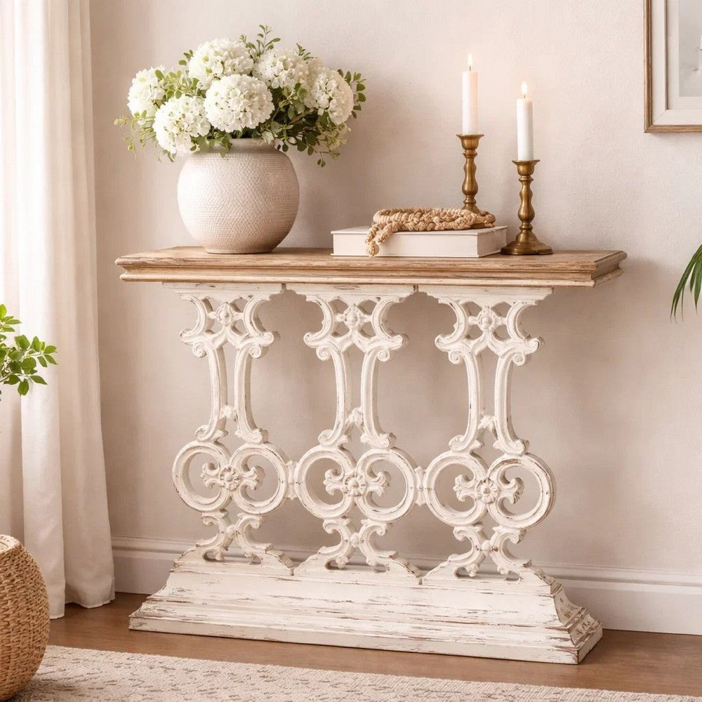 32 Inch Console Table, Fir Wood, Traditional, Scrollwork, Antique White - BM285142